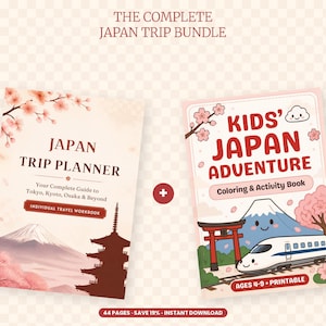 以下が含まれることがあります： Complete Japan Trip Bundleには、五重塔と富士山が描かれたJapan Trip Plannerワークブックと、新幹線、鳥居、富士山のイラストが描かれたKids' Japan Adventure塗り絵・アクティビティブックが含まれています。