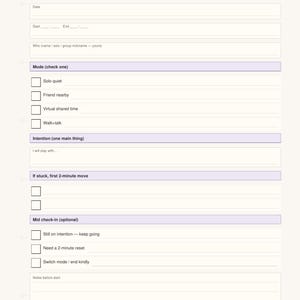 Puede incluir: Una página de planificador de sesiones titulada Session planner (A) con campos para fecha, horas de inicio y fin, y nombre. Incluye casillas de verificación para modo, intención y revisión intermedia, con líneas para notas y el texto Flyline Press.