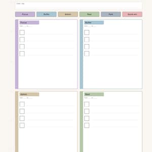 May include: A Time-visible day planner page featuring a date field, a top row of color-coded category buttons, and four large sections labeled Focus, Buffer, Admin, and Rest. Each section includes time slots and four checkboxes for task management.