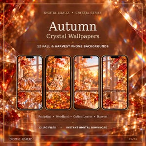 Op de afbeelding: Een digitale productweergave met 12 Autumn Crystal Wallpapers voor telefoons. De afbeelding toont vier smartphoneschermen met herfstthema kristalafbeeldingen van pompoenen, een uil, een vos en gouden bladeren tegen een warme achtergrond.