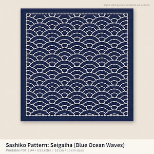 May include: A square digital stitch preview of a Seigaiha pattern featuring white dashed lines forming overlapping semicircles on a dark blue background. The text reads: Sashiko Pattern: Seigaiha (Blue Ocean Waves), Printable PDF, A4 + US Letter, 18 cm + 10 cm sizes.