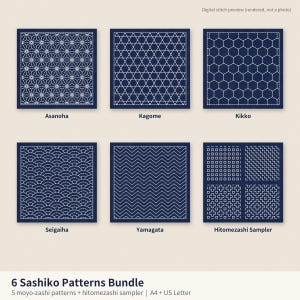 May include: A digital preview of a 6 Sashiko patterns bundle featuring dark blue squares with white stitched designs including Asanoha, Kagome, Kikko, Seigaiha, Yamagata, and a Hitomezashi sampler. The text reads 6 Sashiko Patterns Bundle.