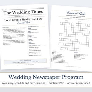 Peut inclure: Un programme de mariage sous forme de journal de deux pages intitulé The Wedding Times, comprenant l'histoire du couple, le déroulement de la journée, la liste des invités et une grille de mots croisés Emma & Noah.