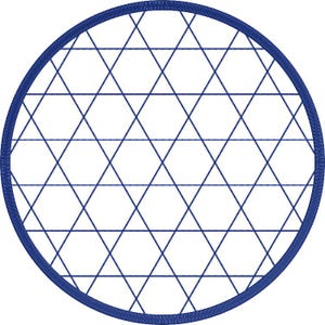 May include: A circular embroidered patch featuring a dark blue stitched border and a geometric pattern of intersecting straight lines in the same dark blue thread, creating a repeating grid of triangles across the white fabric background.