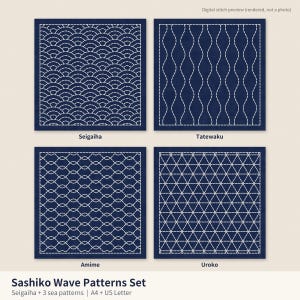 Seigaiha Wave Sashiko Muster-Set PDF, 4 japanische Meeres-Sashiko-Stickmotive, Tatewaku Amime Fischschuppe, Hana Fukin, Visible Mending