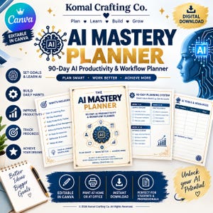 AI Mastery Planner | 90-Day Productivity & Workflow Canva Template for Students and Professionals