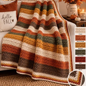 Peut inclure: Une couverture au crochet avec des rayures horizontales crème, orange brûlé, jaune moutarde, vert olive, rouille et marron. La couverture présente un motif de points texturé et une bordure assortie. Un guide des couleurs est inclus à droite.