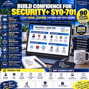May include: A digital study guide for the Security+ SYO-701 exam displayed on a laptop screen, accompanied by a notebook, a pen, and a white mug with text. The graphic includes lists of features, 90 visual lessons, and 2026 edition branding.