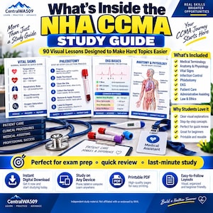 Op de afbeelding: Een NHA CCMA studiegids met 90 visuele lessen over vitale functies, flebotomie, EKG en anatomie. Bevat een stethoscoop, medisch assistent badge, reageerbuisjes en een thermometer. Tekst: What's Inside the NHA CCMA STUDY GUIDE.