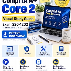May include: A digital study guide for the CompTIA A+ Core 2 exam 220-1202, featuring a laptop displaying the course title, a stack of books, a notebook with a pen, and icons representing operating systems, security, and troubleshooting topics.
