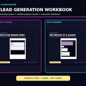 May include: A dark blue digital workbook titled Lotus AI Lead Builder, featuring sections for a Prompt Builder and Auto Summary. The layout includes text, charts, and labels for editable Excel, Word, and PDF guides on a dark background.