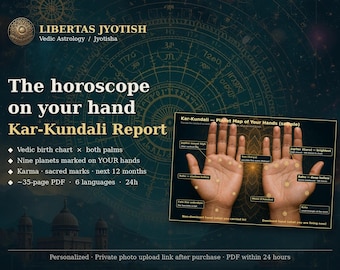 Vedic Palm Reading × Birth Chart | Kar-Kundali: Indian Palmistry, Karma, Navagraha & Sacred Marks | Personalized PDF, 6 Languages, 24h
