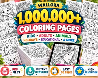 May include: A digital collection of 1,000,000+ coloring pages by Wallora, featuring black and white illustrations of animals, holidays, and educational themes. The set includes PDF files for instant download and high-resolution printing.