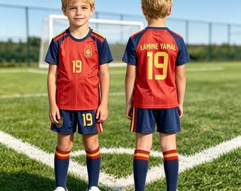 Kids Spain Lamine Yamal Football Jersey Shorts Set, Youth Custom #19 Soccer Kit