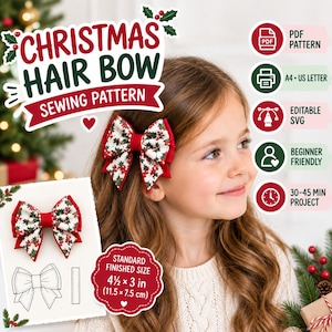 May include: A Christmas hair bow sewing pattern featuring a white fabric with a red and green holly berry print. The finished bow measures 11.5 by 7.5 cm. The digital file includes PDF, A4, US Letter, and SVG formats for a 30-45 minute project.