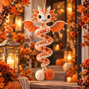 May include: A crocheted dragon ornament featuring a long, spiraling body in shades of orange and white, accented with small white flowers and pearls. The dragon has large black eyes, orange wings with pearl-tipped edges, and two pom-poms at the base.