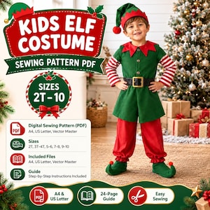 May include: A digital sewing pattern for a kids elf costume in sizes 2T-10. The pattern includes A4 and US Letter files, a 24-page guide, and step-by-step instructions. The costume features a green tunic, red pants, striped sleeves, and a hat.