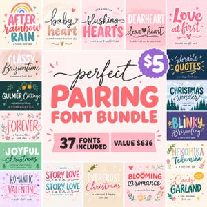May include: A digital font bundle advertisement featuring the text Perfect Pairing Font Bundle, 37 Fonts Included, and Value $636. The graphic displays various font styles with names like After Rainbow Rain, Blushing Hearts, and Christmas Wonder.