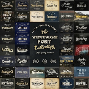 Könnte beinhalten: Eine digitale Anzeige mit einer Sammlung verschiedener Schriftarten im Vintage-Stil von Larin Type Co. Der zentrale Text lautet Larin Type Co Presents The Vintage Font Collection High quality standard, umgeben von zahlreichen Schriftmustern mit Namen wie Ramenson, Vianor, Northwood, Golden Age, Road Crew, Shaimus, Black River, Butcher's Daughter, Inkwell, Poligon, Baren, Portaso, Corten, Adventure Island, Avenger, Boundary, Blauer, Captain Nelson, Rolan, Landre, Hughes, Fort Yukon, Black Star, Avangard, Chaser, Sanremo, Wild Nebraska und Pincher Brothers.