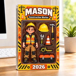 Könnte beinhalten: Ein verpacktes Bauarbeiter-Figurenset mit der Aufschrift Mason Construction Worker 2026. Das Set enthält eine Figur mit gelbem Helm und orangefarbener Weste, einen Ersatzhelm, Hammer, Schraubenschlüssel, Pylon, Maßband und einen Werkzeugkasten.