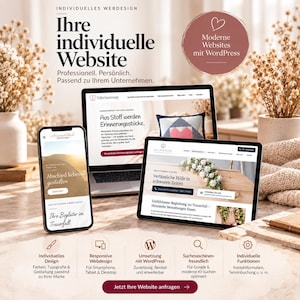 Op de afbeelding: Een smartphone, laptop en tablet tonen aangepaste websiteontwerpen met Duitse tekst. De schermen tonen professionele lay-outs voor bedrijven. Onder de apparaten staan vijf ronde iconen met tekstlabels voor webdesign en een knop.