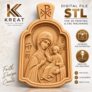 Könnte beinhalten: Ein hellbraunes Relief mit Holzstruktur, das die Jungfrau Maria mit dem Jesuskind darstellt, inklusive des Textes KREAT DIGITAL DESIGNS FOR CREATORS, DIGITAL FILE STL FOR 3D PRINTING & CNC MACHINING und Faith Design Create.