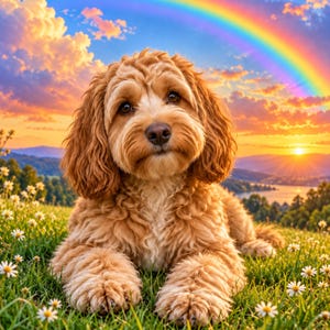Op de afbeelding: Een pluizige, goudbruine hond met krullende vacht ligt in een veld met groen gras en kleine witte madeliefjes. Op de achtergrond is een levendige zonsondergang te zien met een opvallende regenboog boven verre heuvels en water.