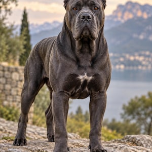 May include: A large, muscular Cane Corso dog with a short, solid dark grey coat and a small white patch on its chest. The dog has cropped ears, amber-coloured eyes, and a broad, powerful build, standing in a firm, alert posture on rocky terrain.