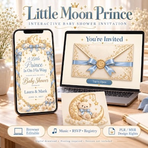 Puede incluir: Una invitación interactiva para baby shower en la pantalla de un smartphone y un portátil. El diseño muestra una luna creciente dorada, un osito de peluche con corona y cintas azules. El texto incluye Little Moon Prince, A Little Prince Is On His Way, Laura & Mark, 12 de junio de 2027 y You're Invited con un botón Tap to Open.