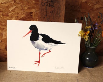 May include: Watercolour painting of an oystercatcher bird, black and white plumage, long red beak and legs. The artwork is signed and titled "Roilleach". A vase of flowers is to the right.