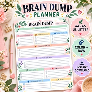 May include: A Brain Dump Planner page featuring sections for Today's Main Focus, People to Contact, Follow Ups, Ideas to Explore, Things to Research, Quick Wins, Someday Ideas, and Top 3 Priorities, with floral accents and text indicating A4, A5, US Letter sizes.