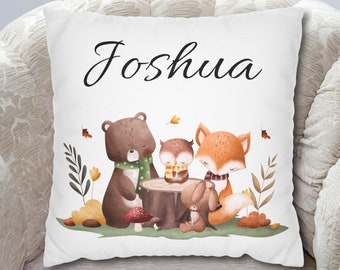 Personalized Woodland Nursery Throw Pillow Cover, Custom Decorative Pillowcase For Nursery Decor, Square Pillowcase, Boy Baby Gift With Name