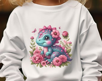 Kids Floral Dinosaur Shirt, Dinosaur Sweatshirt, Youth Girls Crewneck Sweatshirt, Cute Child Shirt, Dinosaur Lover Gift, Gift for Girls