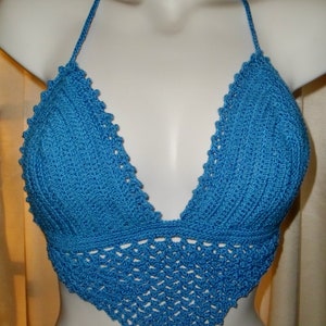 Crochet Festival Halter Top, Boho Beach Top, Womens Blue or Black Tops With Ties, Summer Tank Top
