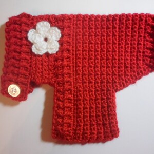 May include: Red crocheted sweater with a white crocheted flower and a button on the sleeve.