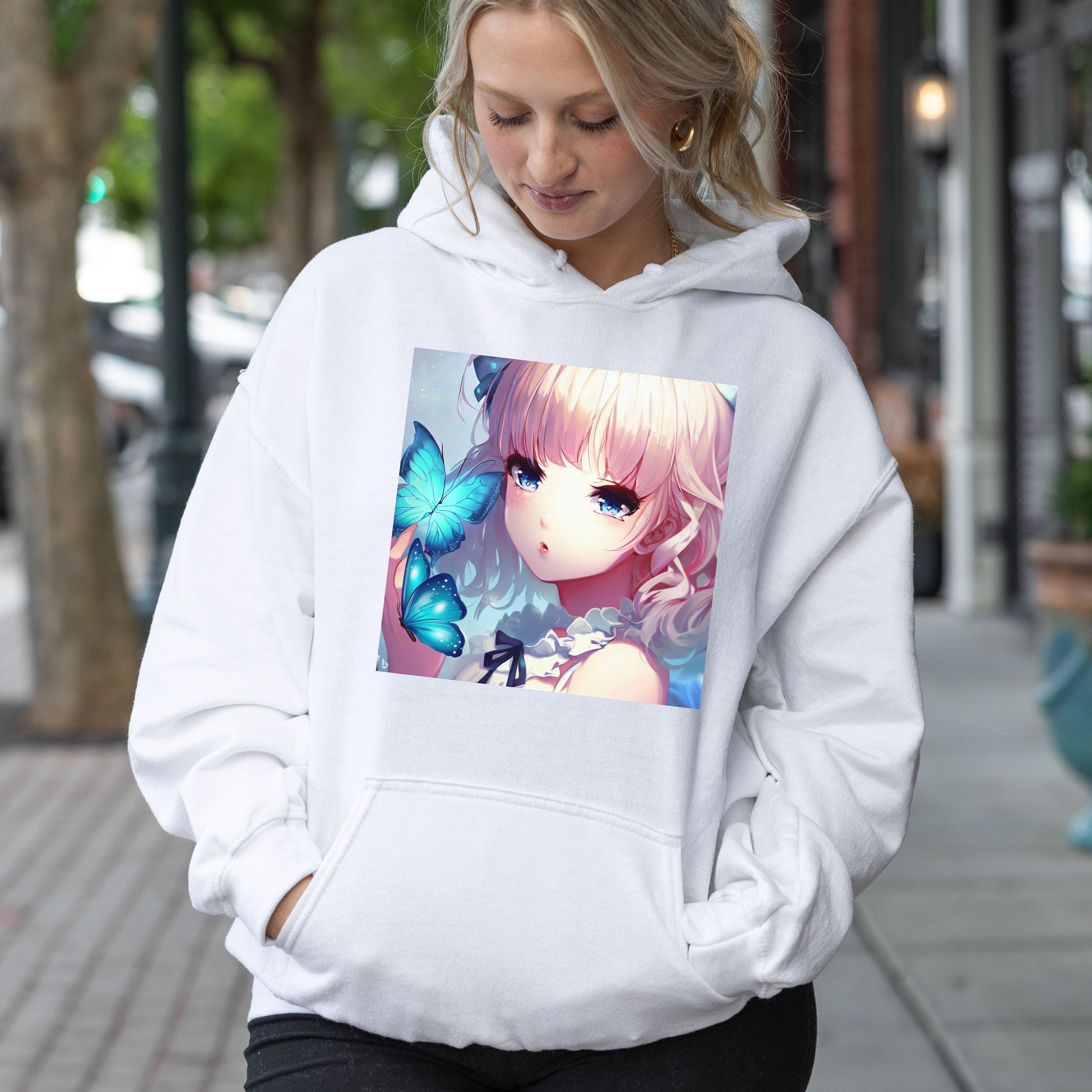 Anime Girl and Butterflies Hooded Sweatshirt for Her Cute Anime Hoodie Anime Lover Shirt Gifts for Girlfriend Plus Size Anime Hoodie Etsy