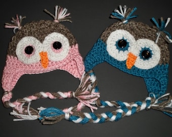 Crochet Owl Hat, Baby to Adult Costume Animal Hats, Childrens Winter Hat with Earflaps - Various Colors Available