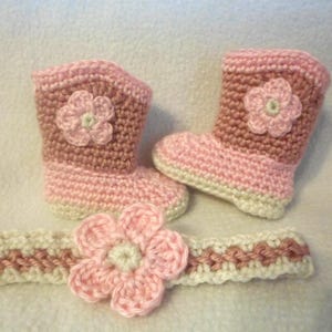 Baby Boots and Headband Set, Baby Cowgirl Boots, Baby Floral Headband, Crocheted Baby Girl Set, Floral Baby Booties, Baby Shower Gift
