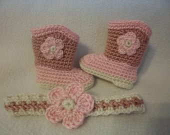 Baby Boots and Headband Set, Baby Cowgirl Boots, Baby Floral Headband, Crocheted Baby Girl Set, Floral Baby Booties, Baby Shower Gift