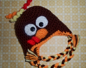 Crochet (Infant-Adult) Turkey Hat with Earflaps, Turkey Run Boys Girls Beanie Hat, Infant, Child, Teen, Adult Thanksgiving Photo Prop,