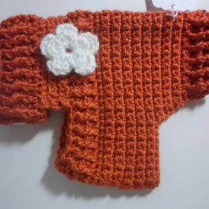May include: A crocheted orange sweater with a white crocheted flower on the front.