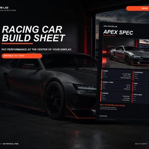 May include: A digital racing car build sheet template featuring the text VISA CUSTOM LAB, RACING CAR BUILD SHEET, and APEX SPEC. The design includes a dark gray sports car with red accents, technical specifications, and editable fields for A3 or 18x24 prints.