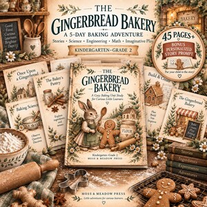 May include: The Gingerbread Bakery: A 5-Day Baking Adventure book for kindergarten through grade 2, featuring a rabbit and gingerbread person on the cover, surrounded by baking-themed study cards, a metal cookie cutter, and gingerbread cookies.