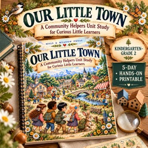 Puede incluir: Un libro educativo de espiral titulado Our Little Town: A Community Helpers Unit Study for Curious Little Learners, con una colorida ilustración de niños y un conejo en un pueblo, junto a un cartel que indica Kindergarten-Grade 2.