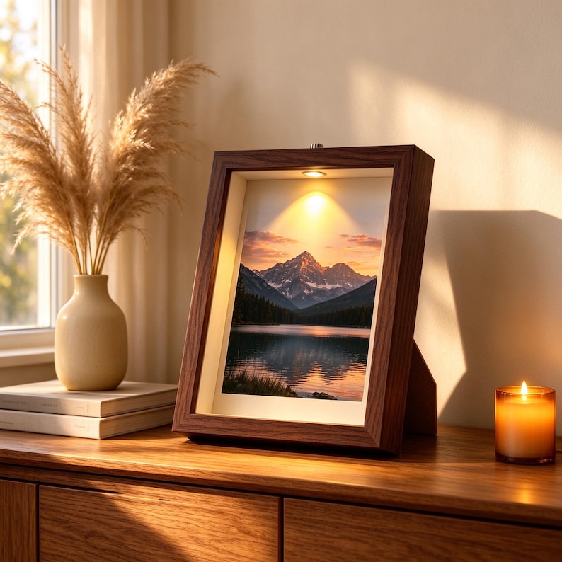 Spotlight Frame Box Design Wooden Shadow Box Frame With Warm Spotlight, Tabletop LED Photo Display ...