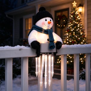 May include: A light-up snowman decoration wearing a black knit hat, a teal scarf, and black mittens. The snowman is mounted on a white railing and features a set of five hanging, illuminated clear icicle lights that glow with a warm white light.