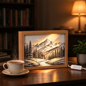 May include: A rectangular light box with a wooden frame featuring an illuminated black and white mountain landscape illustration with pine trees and a winding path. A white ceramic cup of steaming tea sits on a matching saucer nearby.