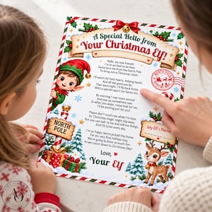 May include: A rectangular Christmas letter featuring a red and green border, a cartoon elf, a reindeer, and a North Pole sign. The text reads A Special Hello from Your Christmas Elf, followed by a poem and a blank line for My Elf's Name.