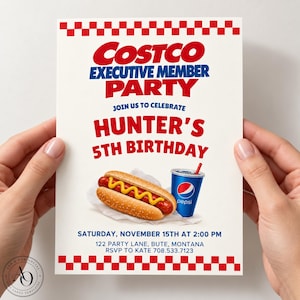May include: A rectangular party invitation card featuring a red and white checkered border. The text reads Costco Executive Member Party, Join Us To Celebrate Hunter's 5th Birthday, Saturday, November 15th at 2:00 PM, 122 Party Lane, Bute, Montana, RSVP to Kate 708.533.7123. Includes a hot dog and a Pepsi cup.