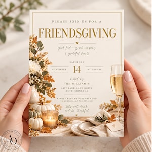 Friendsgiving Dinner Party Invitation, Adult Thanksgiving Minimalist Neutral Invite, Editable Canva Template, Mobile Invitation